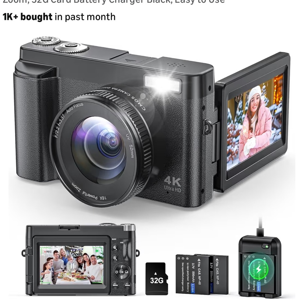 High-Performance 4K Digital Camera with Flip Screen - Black